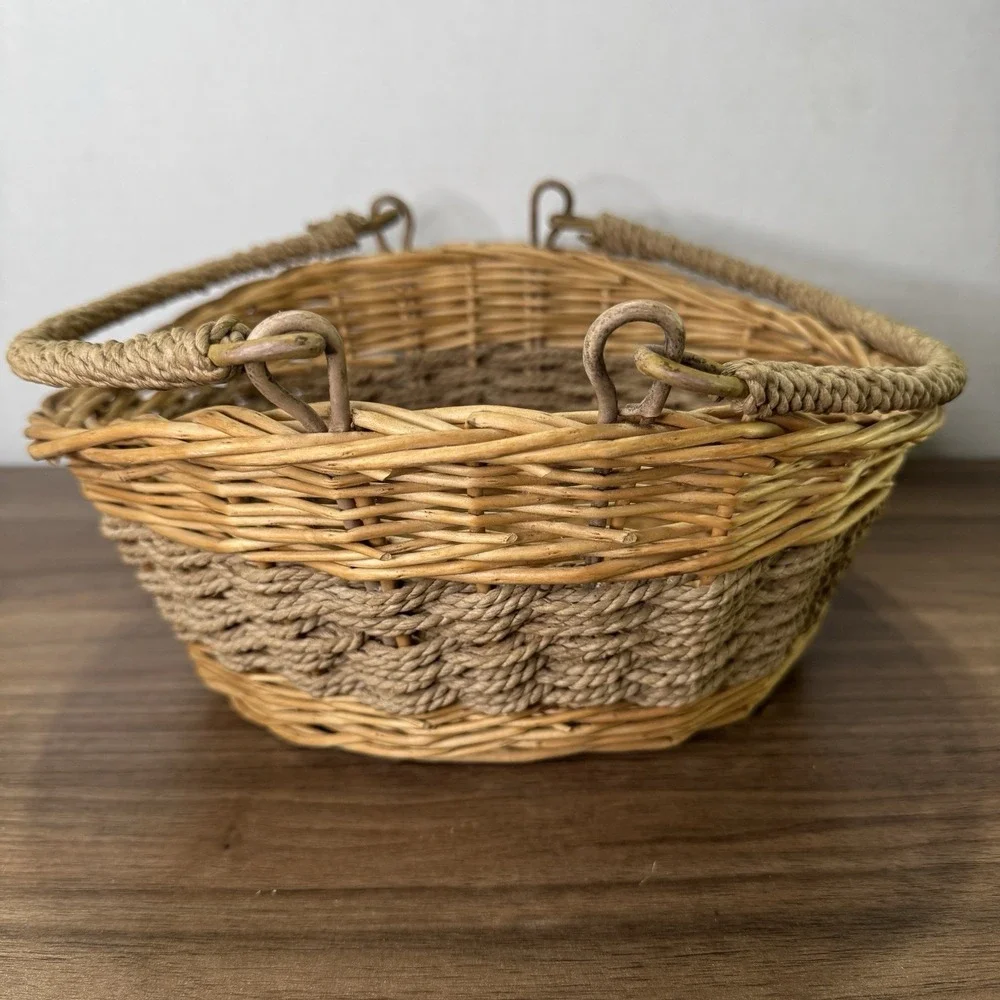 Vintage 1960's Boho Wicker Rattan Folding Handles Hand Woven Basket‎ 11x10